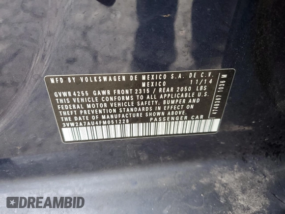2015 Volkswagen Golf SE с VIN 3VW2A7AU4FM051228, выставлен на аукционе Copart как лот 57640765 с пробегом 86 130 миль миль и Списание • Salvage title. История ставок и продаж доступна на DreamBid. Изображение 12.