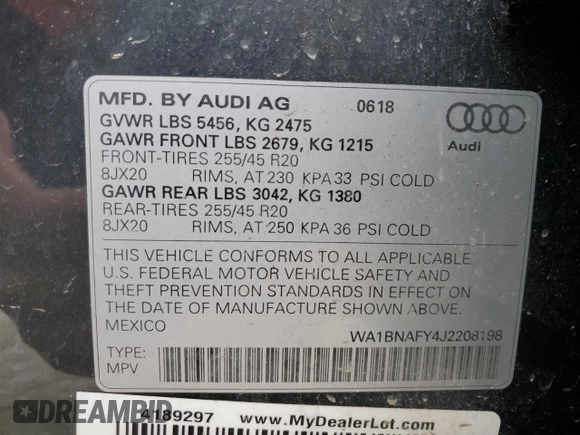 2018 Audi Q5 Premium Plus with VIN WA1BNAFY4J2208198, listed as a Copart auction lot 47483275 with 82,091 mi miles and Salvage Title. Bid and sale history available at DreamBid. Image 13.