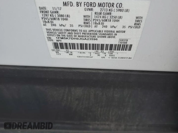 2018 Ford Explorer XLT with VIN 1FM5K7DH0JGA23596, listed as a Copart auction lot 59848265 with 91,497 mi miles and Salvage title. Bid and sale history available at DreamBid. Image 13.