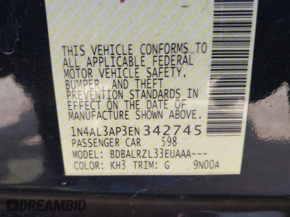 2014 Nissan Altima 2.5 S with VIN 1N4AL3AP3EN342745, listed as a IAAI auction lot 42017258 with 102,314 mi miles. Bid and sale history available at carsss.com. Image 9.
