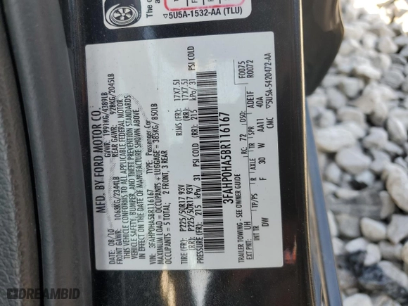 2011 Ford Fusion SE with VIN 3FAHP0HA5BR116167, listed as a Copart auction lot 50533805 with 144,266 mi miles and Salvage Title. Bid and sale history available at carsss.com. Image 12.