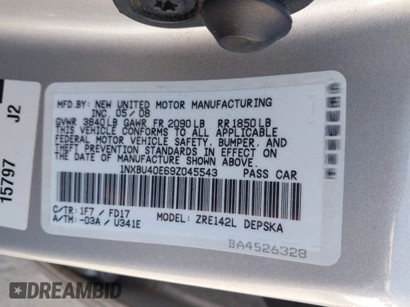 2009 Toyota Corolla with VIN 1NXBU40E69Z045543, listed as a IAAI auction lot 42201200 with 143,533 mi miles. Bid and sale history available at carsss.com. Image 9.