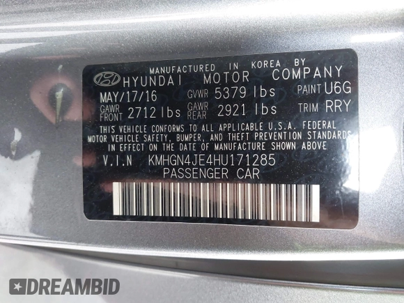 2017 Genesis G80 3.8L with VIN KMHGN4JE4HU171285, listed as a IAAI auction lot 42197648 with 125,192 mi miles and . Bid and sale history available at DreamBid. Image 9.