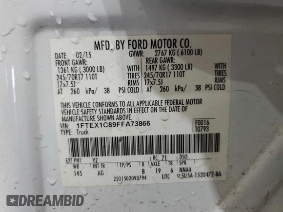 2015 Ford F-150 XL with VIN 1FTEX1C89FFA73866, listed as a Copart auction lot 61559855 with 208,774 mi miles and Clean title. Bid and sale history available at DreamBid. Image 12.