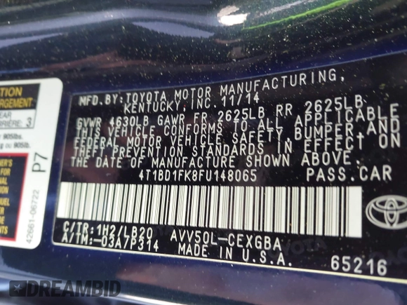 2015 Toyota Camry LE z VIN 4T1BD1FK8FU148065, wystawiony jako IAAI lot #41843278 z przebiegiem 91 137 mil mil oraz . Historia ofert i sprzedaży dostępna na DreamBid. Obrazek 9.