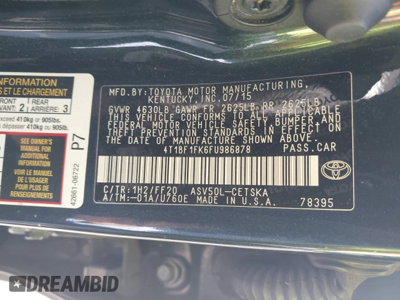 2015 Toyota Camry XLE with VIN 4T1BF1FK6FU986878, listed as a IAAI auction lot 42043397 with 119,349 mi miles. Bid and sale history available at carsss.com. Image 9.