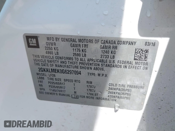 2016 GMC Terrain SLE with VIN 2GKALMEK0G6297094, listed as a IAAI auction lot 40269833 with 75,119 mi miles. Bid and sale history available at carsss.com. Image 9.