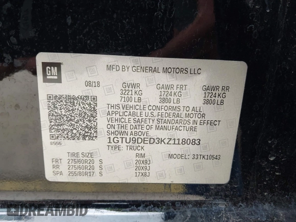 2019 GMC Sierra 1500 SLT z VIN 1GTU9DED3KZ118083, wystawiony jako IAAI lot #42056860 z przebiegiem 86 875 mil mil oraz . Historia ofert i sprzedaży dostępna na DreamBid. Obrazek 9.