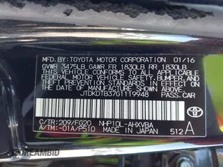 2016 Toyota Prius One with VIN JTDKDTB37G1119948, listed as a IAAI auction lot 41866416 with 68,565 mi miles and . Bid and sale history available at DreamBid. Image 9.