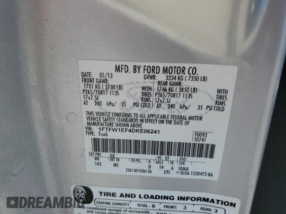 2013 Ford F-150 XL with VIN 1FTFW1EF4DKE06241, listed as a Copart auction lot 60306105 with 171,658 mi miles and Salvage title. Bid and sale history available at DreamBid. Image 12.