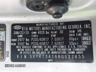 2011 Kia Sorento LX with VIN 5XYKT3A16BG022655, listed as a IAAI auction lot 42053276 with 140,270 mi miles and . Bid and sale history available at DreamBid. Image 9.