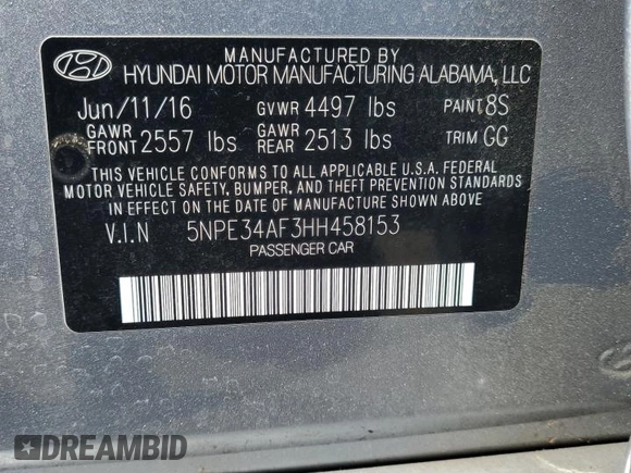 2017 Hyundai Sonata Sport with VIN 5NPE34AF3HH458153, listed as a Copart auction lot 54714605 with 41,249 mi miles and Salvage Title. Bid and sale history available at carsss.com. Image 12.