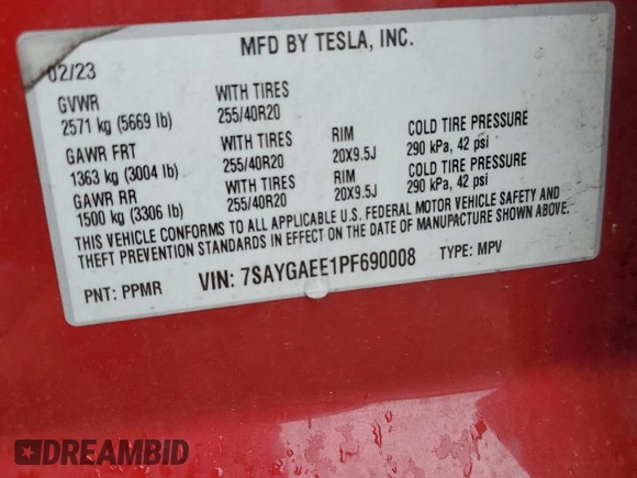 2023 Tesla Model Y Long Range z VIN 7SAYGAEE1PF690008, wystawiony jako Copart lot #54441735 z przebiegiem 38 291 mil mil oraz Szkody całkowita. Historia ofert i sprzedaży dostępna na DreamBid. Obrazek 12.