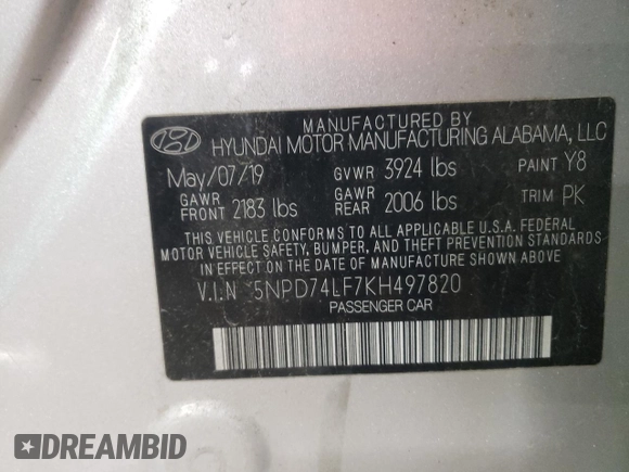 2019 Hyundai Elantra SE with VIN 5NPD74LF7KH497820, listed as a Copart auction lot 52046905 with 217,706 mi miles and Clean Title. Bid and sale history available at DreamBid. Image 12.
