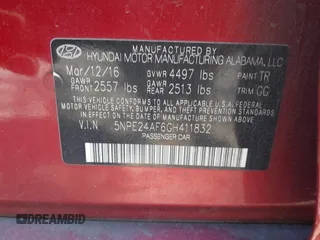 2016 Hyundai Sonata 2.4L with VIN 5NPE24AF6GH411832, listed as a IAAI auction lot 41918113 with 195,783 mi miles and . Bid and sale history available at DreamBid. Image 9.