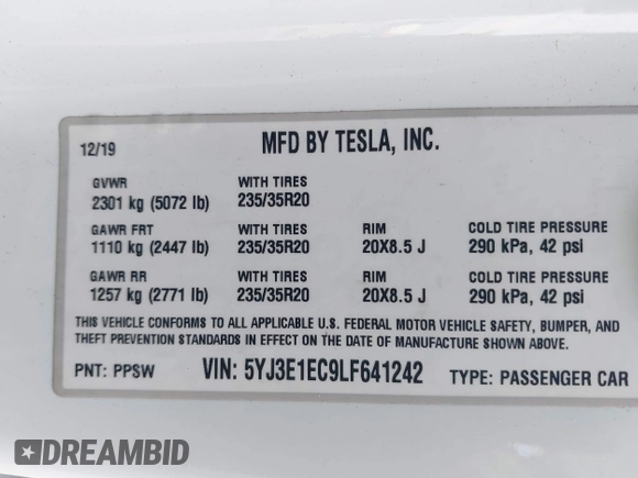 2020 Tesla Model 3 Performance z VIN 5YJ3E1EC9LF641242, wystawiony jako IAAI lot #42380146 z przebiegiem Nie podano mil oraz . Historia ofert i sprzedaży dostępna na DreamBid. Obrazek 9.