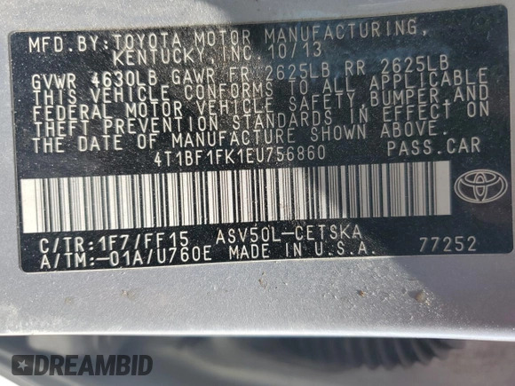 2014 Toyota Camry L with VIN 4T1BF1FK1EU756860, listed as a Copart auction lot 52825515 with Not Provided miles and Salvage Title. Bid and sale history available at DreamBid. Image 15.