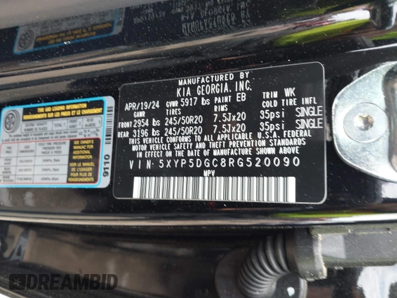 2024 Kia Telluride SX Prestige X-Pro with VIN 5XYP5DGC8RG520090, listed as a IAAI auction lot 42391085 with 9,513 mi miles and . Bid and sale history available at DreamBid. Image 9.