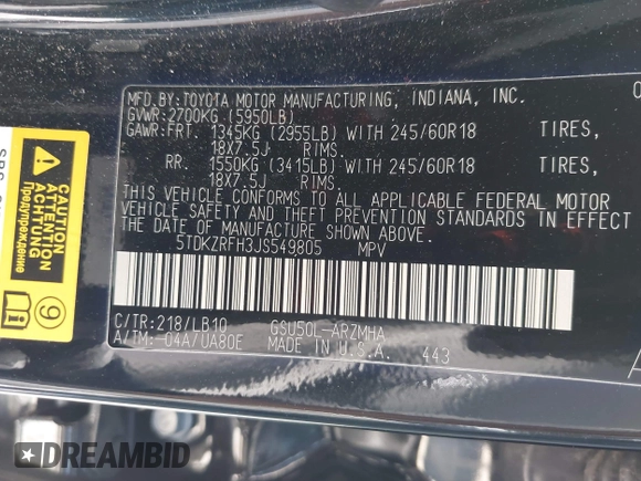 2018 Toyota Highlander SE with VIN 5TDKZRFH3JS549805, listed as a IAAI auction lot 42603465 with 85,547 mi miles and . Bid and sale history available at DreamBid. Image 9.
