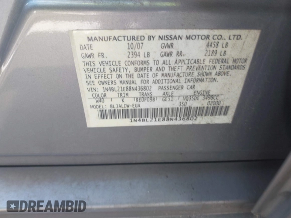 2008 Nissan Altima SE z VIN 1N4BL21E88N436802, wystawiony jako IAAI lot #42197865 z przebiegiem 173 898 mil mil oraz . Historia ofert i sprzedaży dostępna na DreamBid. Obrazek 9.