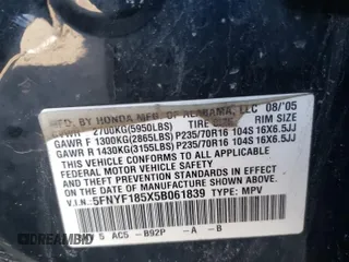 2005 Honda Pilot EX-L with VIN 5FNYF185X5B061839, listed as a Copart auction lot 48666595 with 0 mi miles and Salvage Title. Bid and sale history available at carsss.com. Image 14.