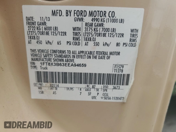 2014 Ford F-350 XL с VIN 1FT8X3B63EEA94659, выставлен на аукционе Copart как лот 58894225 с пробегом 95 547 миль миль и Чистый • Clean title. История ставок и продаж доступна на DreamBid. Изображение 12.