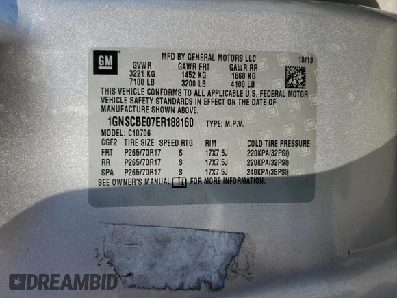 2014 Chevrolet Tahoe LT with VIN 1GNSCBE07ER188160, listed as a Copart auction lot 49626175 with 96,168 mi miles and Salvage title. Bid and sale history available at DreamBid. Image 15.