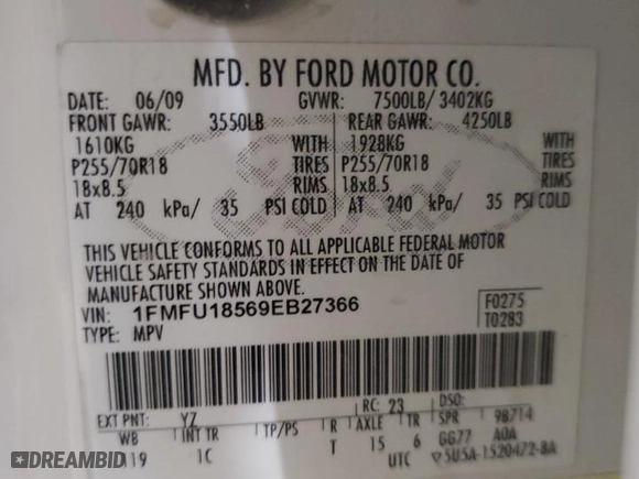 2009 Ford Expedition Eddie Bauer with VIN 1FMFU18569EB27366, listed as a Copart auction lot 88517335 with 260,972 mi miles and Salvage Title. Bid and sale history available at carsss.com. Image 13.