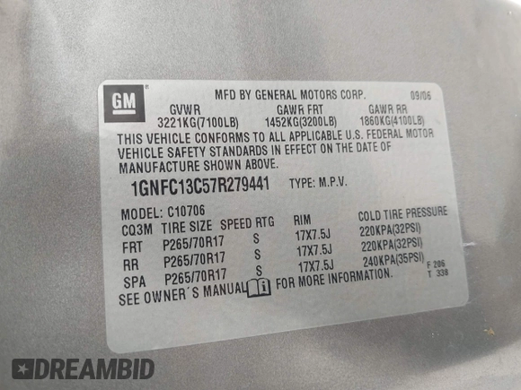 2007 Chevrolet Tahoe LS with VIN 1GNFC13C57R279441, listed as a IAAI auction lot 42428981 with 229,827 mi miles and . Bid and sale history available at DreamBid. Image 9.