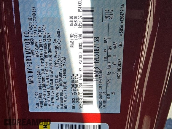 2020 Ford Mustang EcoBoost with VIN 1FA6P8TH9L5187158, listed as a Copart auction lot 56923945 with 41,021 mi miles and Clean title. Bid and sale history available at DreamBid. Image 13.