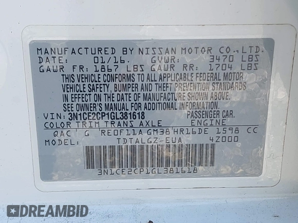 2016 Nissan Note SV with VIN 3N1CE2CP1GL381618, listed as a IAAI auction lot 42473082 with 241,102 mi miles and . Bid and sale history available at DreamBid. Image 9.