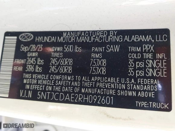 2024 Hyundai Santa Cruz SEL with VIN 5NTJCDAE2RH092601, listed as a IAAI auction lot 41254347 with 20,089 mi miles. Bid and sale history available at carsss.com. Image 9.