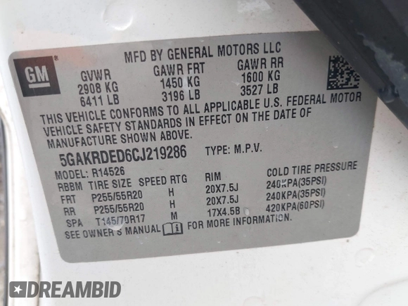 2012 Buick Enclave Premium with VIN 5GAKRDED6CJ219286, listed as a IAAI auction lot 41981238 with 190,156 mi miles and . Bid and sale history available at carsss.com. Image 9.