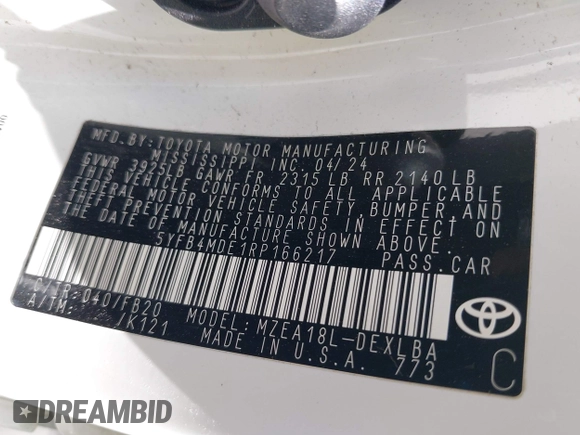 2024 Toyota Corolla LE z VIN 5YFB4MDE1RP166217, wystawiony jako IAAI lot #42537134 z przebiegiem 33 269 mil mil oraz . Historia ofert i sprzedaży dostępna na DreamBid. Obrazek 9.