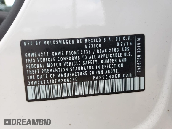2015 Volkswagen Jetta Sedan 2.0L S with VIN 3VW2K7AJ0FM306735, listed as a Copart auction lot 53378135 with 92,852 mi miles and Salvage Title. Bid and sale history available at carsss.com. Image 14.