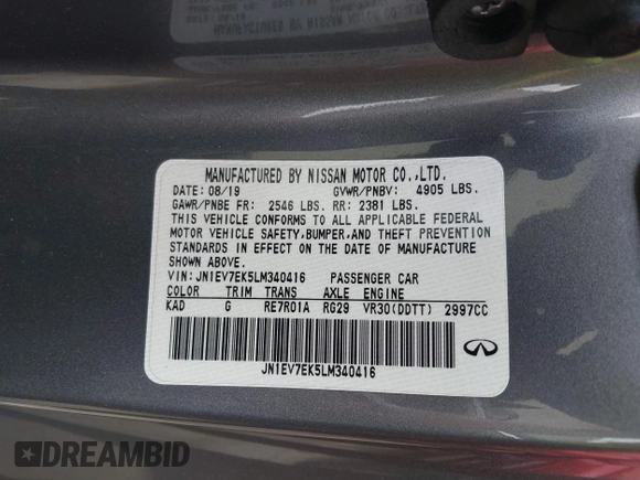 2020 Infiniti Q60 Luxe with VIN JN1EV7EK5LM340416, listed as a IAAI auction lot 42588246 with 57,832 mi miles and . Bid and sale history available at DreamBid. Image 9.