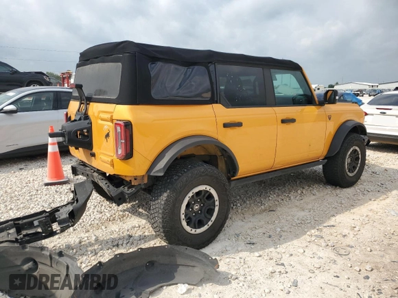 2021 Ford Bronco with VIN 1FMEE5DP9MLA93791, listed as a Copart auction lot 49489765 with 58,427 mi miles and Salvage title. Bid and sale history available at DreamBid. Image 3.