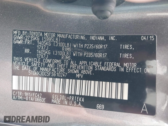 2015 Toyota Sienna LE AAS with VIN 5TDKK3DC5FS610247, listed as a IAAI auction lot 42033460 with 260,962 mi miles and . Bid and sale history available at DreamBid. Image 9.
