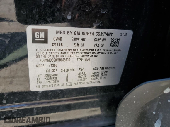 2021 Buick Encore GX Select with VIN KL4MMDS28MB086626, listed as a Copart auction lot 56552965 with 62,168 mi miles and Salvage title. Bid and sale history available at DreamBid. Image 13.