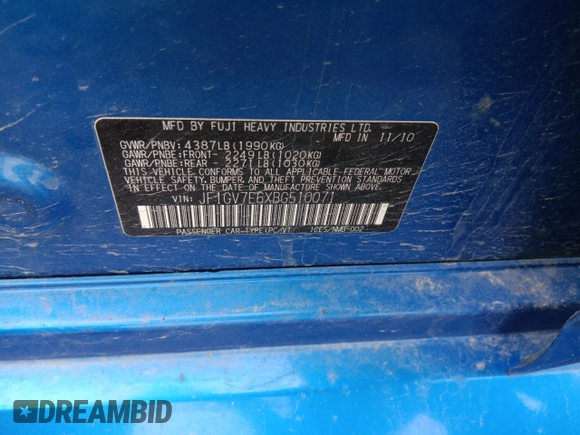 2011 Subaru WRX WRX с VIN JF1GV7E6XBG510071, выставлен на аукционе Copart как лот 54897475 с пробегом 150 595 миль миль и Списание • Salvage title. История ставок и продаж доступна на DreamBid. Изображение 12.
