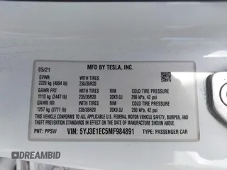 2021 Tesla Model 3 Performance z VIN 5YJ3E1EC5MF984891, wystawiony jako IAAI lot #42071151 z przebiegiem 72 883 mil mil oraz . Historia ofert i sprzedaży dostępna na DreamBid. Obrazek 9.