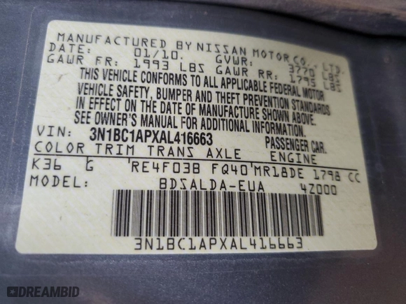 2010 Nissan Versa 1.8 S with VIN 3N1BC1APXAL416663, listed as a Copart auction lot 49631505 with 148,791 mi miles and Salvage Title. Bid and sale history available at carsss.com. Image 14.