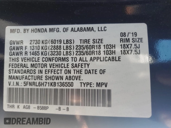 2019 Honda Odyssey EX-L with VIN 5FNRL6H71KB136550, listed as a Copart auction lot 48069595 with Not Provided miles and Salvage Title. Bid and sale history available at DreamBid. Image 13.