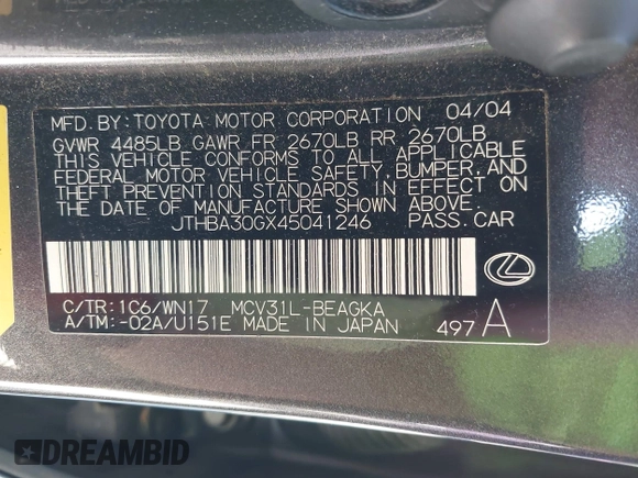 2004 Lexus ES 350 with VIN JTHBA30GX45041246, listed as a IAAI auction lot 42139325 with 164,597 mi miles and . Bid and sale history available at DreamBid. Image 9.