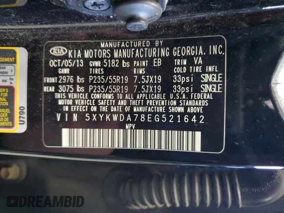 2014 Kia Sorento SX with VIN 5XYKWDA78EG521642, listed as a Copart auction lot 53733865 with 105,619 mi miles and Clean Title. Bid and sale history available at carsss.com. Image 13.
