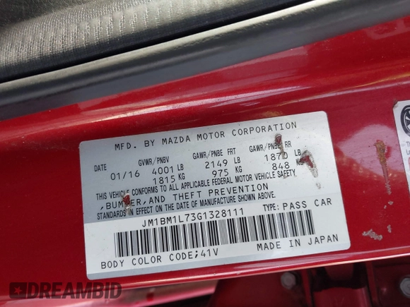 2016 Mazda 3 i Touring with VIN JM1BM1L73G1328111, listed as a IAAI auction lot 41188695 with 111,597 mi miles and . Bid and sale history available at DreamBid. Image 9.