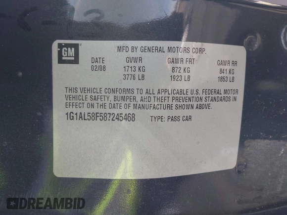 2008 Chevrolet Cobalt LT z VIN 1G1AL58F587245468, wystawiony jako IAAI lot #42171127 z przebiegiem 132 812 mil mil oraz . Historia ofert i sprzedaży dostępna na DreamBid. Obrazek 9.