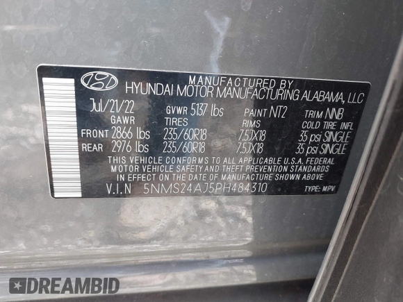2023 Hyundai Santa Fe SEL z VIN 5NMS24AJ5PH484310, wystawiony jako IAAI lot #41842627 z przebiegiem 49 134 mil mil oraz . Historia ofert i sprzedaży dostępna na DreamBid. Obrazek 9.