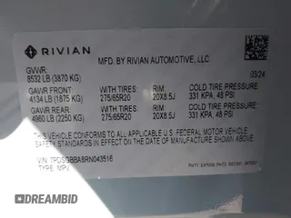 2024 Rivian R1S Adventure with VIN 7PDSGBBA8RN043516, listed as a IAAI auction lot 41675732 with 1 mi miles. Bid and sale history available at carsss.com. Image 8.