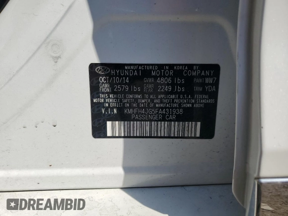 2015 Hyundai Azera Limited with VIN KMHFH4JG5FA431938, listed as a Copart auction lot 48784475 with 59,293 mi miles and Salvage title. Bid and sale history available at DreamBid. Image 12.